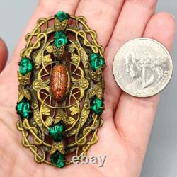 Art Nouveau Czech Green Baby Tooth Glass Cab Goldstone Snake Vine Brass Brooch