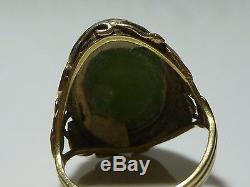 Art Nouveau Deco 14k Yellow Gold Green Stone Scarab Leaf Leafy Ring Size 4