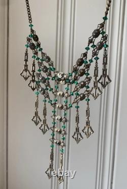 Art Nouveau Deco Brass Emerald Green Czech Crystal Mesh Necklace Long Fringe