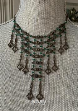 Art Nouveau Deco Brass Emerald Green Czech Crystal Mesh Necklace Long Fringe