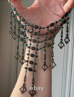 Art Nouveau Deco Brass Emerald Green Czech Crystal Mesh Necklace Long Fringe