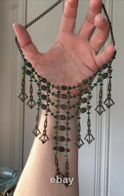 Art Nouveau Deco Brass Emerald Green Czech Crystal Mesh Necklace Long Fringe