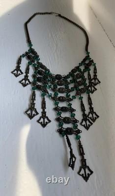 Art Nouveau Deco Brass Emerald Green Czech Crystal Mesh Necklace Long Fringe
