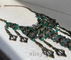 Art Nouveau Deco Brass Emerald Green Czech Crystal Mesh Necklace Long Fringe