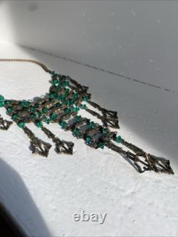 Art Nouveau Deco Brass Emerald Green Czech Crystal Mesh Necklace Long Fringe
