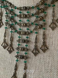 Art Nouveau Deco Brass Emerald Green Czech Crystal Mesh Necklace Long Fringe