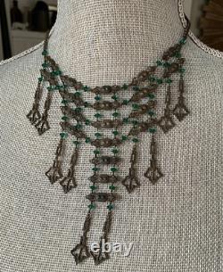 Art Nouveau Deco Brass Emerald Green Czech Crystal Mesh Necklace Long Fringe