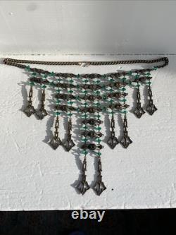 Art Nouveau Deco Brass Emerald Green Czech Crystal Mesh Necklace Long Fringe