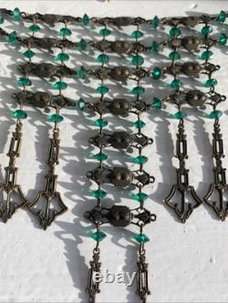 Art Nouveau Deco Brass Emerald Green Czech Crystal Mesh Necklace Long Fringe