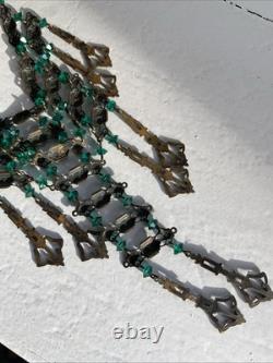 Art Nouveau Deco Brass Emerald Green Czech Crystal Mesh Necklace Long Fringe