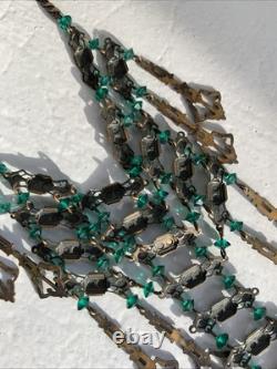 Art Nouveau Deco Brass Emerald Green Czech Crystal Mesh Necklace Long Fringe