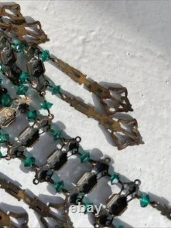 Art Nouveau Deco Brass Emerald Green Czech Crystal Mesh Necklace Long Fringe