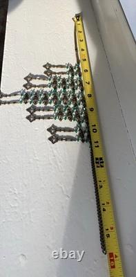 Art Nouveau Deco Brass Emerald Green Czech Crystal Mesh Necklace Long Fringe