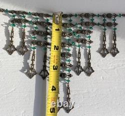 Art Nouveau Deco Brass Emerald Green Czech Crystal Mesh Necklace Long Fringe