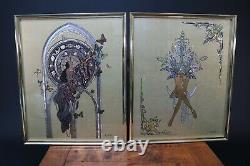 Art Nouveau / Deco Burlesque Fantasy Lady Prints Gold Foil Mid Century 1970s