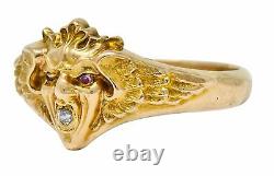 Art Nouveau Diamond Ruby 14 Karat Gold Winged Green Man Band Ring