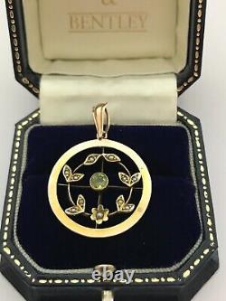 Art Nouveau Edwardian Peridot and Pearl 9ct Gold Antique Pendant