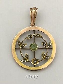 Art Nouveau Edwardian Peridot and Pearl 9ct Gold Antique Pendant
