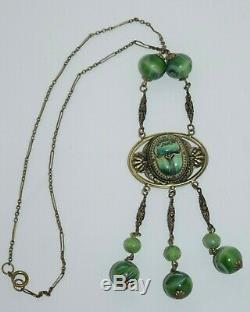 Art Nouveau Egyptian Revival Gold Gilt Green Slag Glass Enameled Scarab Necklace