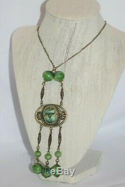 Art Nouveau Egyptian Revival Gold Gilt Green Slag Glass Enameled Scarab Necklace