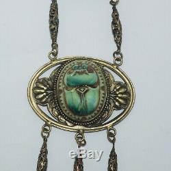 Art Nouveau Egyptian Revival Gold Gilt Green Slag Glass Enameled Scarab Necklace