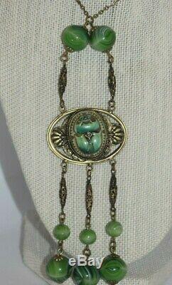 Art Nouveau Egyptian Revival Gold Gilt Green Slag Glass Enameled Scarab Necklace