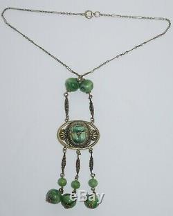 Art Nouveau Egyptian Revival Gold Gilt Green Slag Glass Enameled Scarab Necklace