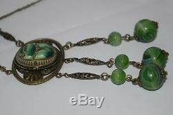 Art Nouveau Egyptian Revival Gold Gilt Green Slag Glass Enameled Scarab Necklace