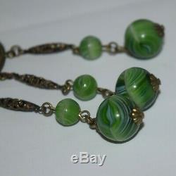 Art Nouveau Egyptian Revival Gold Gilt Green Slag Glass Enameled Scarab Necklace