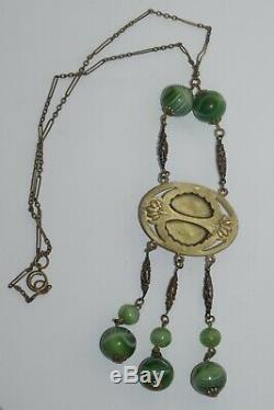 Art Nouveau Egyptian Revival Gold Gilt Green Slag Glass Enameled Scarab Necklace