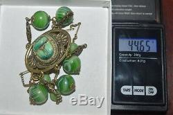 Art Nouveau Egyptian Revival Gold Gilt Green Slag Glass Enameled Scarab Necklace