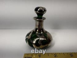 Art Nouveau Emerald Green Glass Overlay Bottle Marked Sterling Deposit