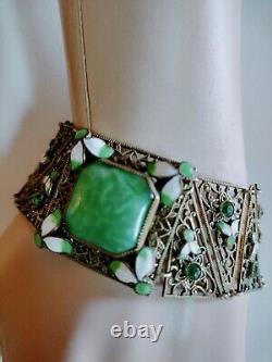 Art Nouveau Enamel Czech Green Glass Filigree Bracelet Seven Sections 7 X1 1/8