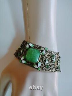 Art Nouveau Enamel Czech Green Glass Filigree Bracelet Seven Sections 7 X1 1/8