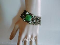 Art Nouveau Enamel Czech Green Glass Filigree Bracelet Seven Sections 7 X1 1/8