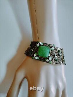 Art Nouveau Enamel Czech Green Glass Filigree Bracelet Seven Sections 7 X1 1/8