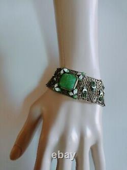 Art Nouveau Enamel Czech Green Glass Filigree Bracelet Seven Sections 7 X1 1/8