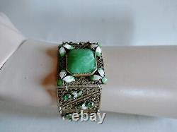 Art Nouveau Enamel Czech Green Glass Filigree Bracelet Seven Sections 7 X1 1/8