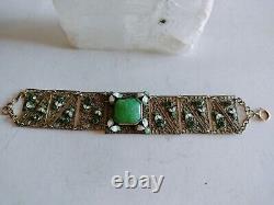 Art Nouveau Enamel Czech Green Glass Filigree Bracelet Seven Sections 7 X1 1/8