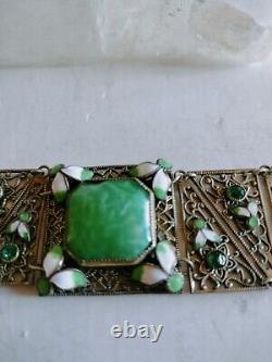 Art Nouveau Enamel Czech Green Glass Filigree Bracelet Seven Sections 7 X1 1/8