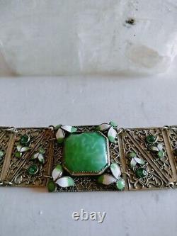 Art Nouveau Enamel Czech Green Glass Filigree Bracelet Seven Sections 7 X1 1/8