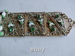 Art Nouveau Enamel Czech Green Glass Filigree Bracelet Seven Sections 7 X1 1/8