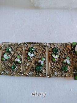 Art Nouveau Enamel Czech Green Glass Filigree Bracelet Seven Sections 7 X1 1/8