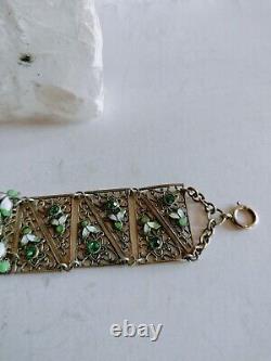 Art Nouveau Enamel Czech Green Glass Filigree Bracelet Seven Sections 7 X1 1/8