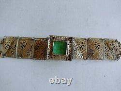 Art Nouveau Enamel Czech Green Glass Filigree Bracelet Seven Sections 7 X1 1/8