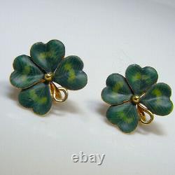 Art Nouveau Enamel Gold Earrings Green Four Leaf Clover Shamrock Earrings Screw