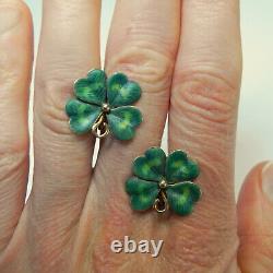 Art Nouveau Enamel Gold Earrings Green Four Leaf Clover Shamrock Earrings Screw