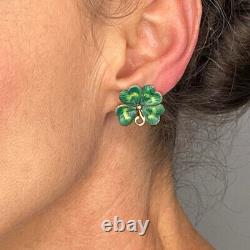 Art Nouveau Enamel Gold Earrings Green Four Leaf Clover Shamrock Earrings Screw