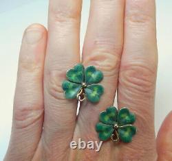 Art Nouveau Enamel Gold Earrings Green Four Leaf Clover Shamrock Earrings Screw