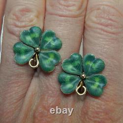 Art Nouveau Enamel Gold Earrings Green Four Leaf Clover Shamrock Earrings Screw